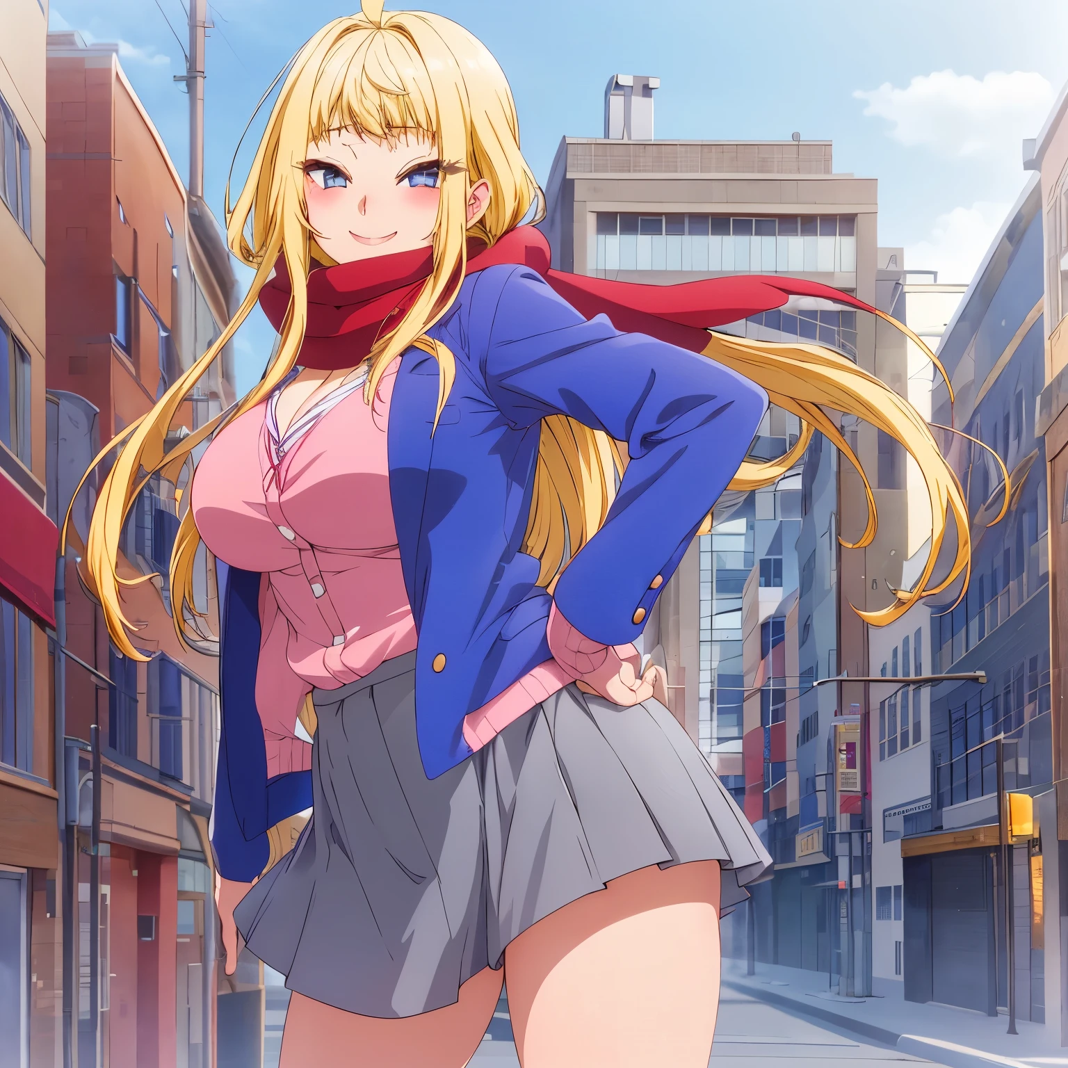 1 girl, alone, Minami fuyuki, ahoge, alone, blonde hair, looking at viewer, smile, pink cardigan, neckline, blue jacket, open jacket, red scarf, pleated skirt, gray skirt, city background, street, garden, hand on hip, sky, dynamic pose, hands on hips dynamic angle, big breasts, waistline medium, wide hips, wide thighs, (high resolution: 1.2), (ultra detailed: 1.2), [high dynamic range lighting], (masterpiece: 1.3), (best quality), high quality, intricate details, (extremely detailed CG unity 8k wallpaper: 1.2), best shadow, (extremely detailed fine touch: 1.2), (high resolution), (8K), (extremely detailed), looking at viewer, looking back, from behind, focus on ass, pov (from below) ,(4k), (pixiv), perfect face, pretty eyes and face, (super detailed), detailed face and eyes, textured skin, absurdities, high resolution, deep skin, skindentation, excellent hands, excellent anatomy