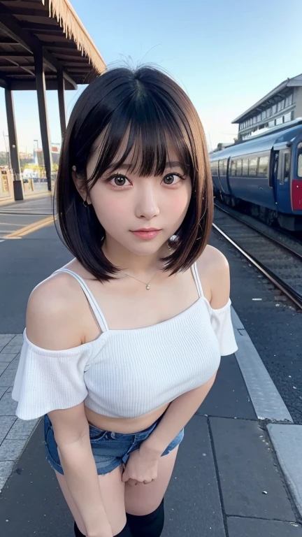8K、Detailed Description、Very high definition、Realistic、reality的、Real、live-action、reality、High resolution、Nogizaka46、japanese idol,beautiful girl、21 years old、Dark brown eyes、sunny、summer、blue sky、Railway stations、Are standing、Bending over and peering in、Looking up、Off-the-shoulder tops、Short black shorts、over the knee socks,Shortcuts、Bangs、blunt bangs,light smile,closed mouth,full body,Very black hair、pretty girl、Beauty、Glowing Skin、Glowing Skin、Shiny Hair、Hair blowing in the wind、Very white skin、Heavy makeup、Large Breasts、Slit eyes、Big Eyes、Dark brown eyes、Double eyelids、Don&#39;t show your teeth、Hang the bag over your shoulder