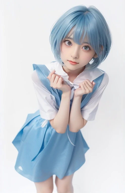 Arabic style image of a woman in a blue dress and white shirt, Anime Girl Cosplay, Anime Cosplay, Real life anime girls, Rei Ayanami, rei hiroe, Woman with short blue hair, rogue anime girl ayanami rei, Inspired by anime, Young Anime Girl, ayanami, , realistic Young Anime Girl, Pretty girl with blue hair