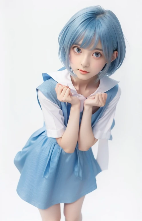 Arabic style image of a woman in a blue dress and white shirt, Anime Girl Cosplay, Anime Cosplay, Real life anime girls, Rei Ayanami, rei hiroe, Woman with short blue hair, rogue anime girl ayanami rei, Inspired by anime, Young Anime Girl, ayanami, , realistic Young Anime Girl, Pretty girl with blue hair