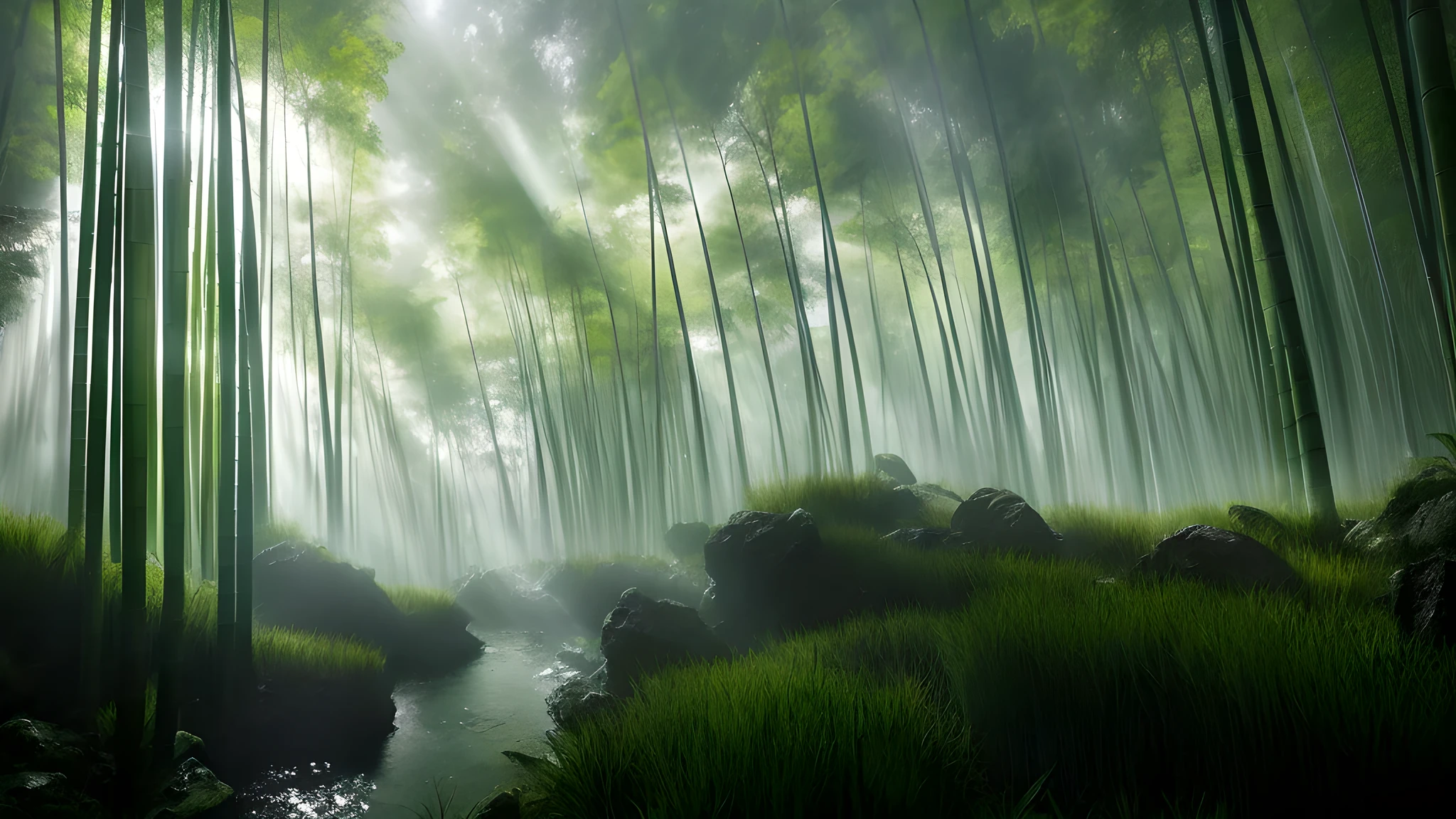 A photorealistic masterpiece in 8K, the image captures a breathtaking bamboo forest in Japan during the tranquil hours after a rain shower. The lush greenery glows with an ethereal radiance, with each bamboo stalk illuminated by the soft, dramatic lighting and shadows that cascade across the scene. Above the dense forest canopy, an aurora pulsates with vibrant colors, casting its celestial light upon the the forest below. The dramatic, moody atmosphere is further emphasized by the cinematic composition, with the stunning vibrant colors and highly detailed bamboo stalks creating an immersive and captivating visual experience. This is a
