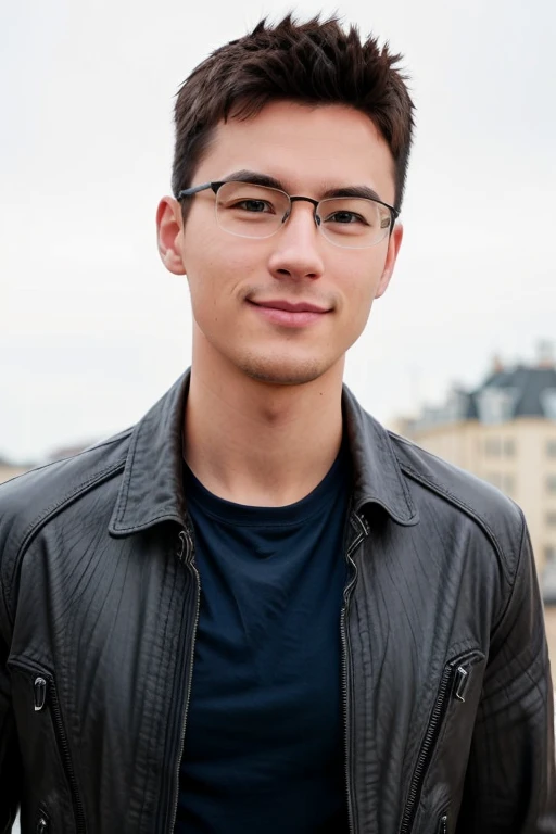 un jeune homme, d’environ 25 ans, with wavy brown hair and green eyes. Il porte des lunettes rondes et un léger sourire. He is dressed casually in a dark blue t-shirt and a black leather jacket. Background, une ville moderne avec des gratte-ciel et un ciel bleu clair. Le style de l’avatar doit être réaliste avec une attention particulière aux détails du visage et des vêtements.