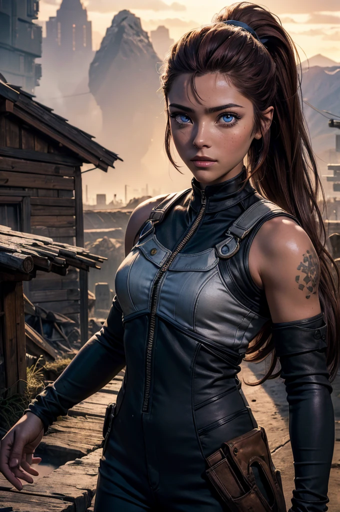 
iliaamitola, ilia amitola, long hair, blue eyes, brown hair, ponytail, dark skin, dark-skinned female, BREAK bare shoulders, bodysuit, BREAK city ruins on hill, in valley, mountains in background, waterfall, crowd, (crowd in military dress), post-apocalypse, dystopian future, crowd, (crowd in military uniforms), (volumetric lighting), best quality, masterpiece, intricate details, tonemapping, sharp focus, hyper detailed, BREAK looking at viewer, (cowboy shot:1.5), BREAK (masterpiece:1.2), best quality, high resolution, unity 8k wallpaper, (illustration:0.8), (beautiful detailed eyes:1.6), extremely detailed face, perfect lighting, extremely detailed CG, (perfect hands, perfect anatomy), 
