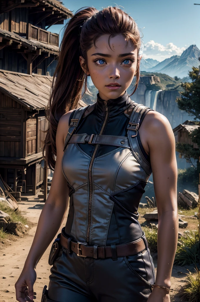 iliaamitola, ilia amitola, long hair, blue eyes, brown hair, ponytail, dark skin, dark-skinned female, BREAK bare shoulders, bodysuit, BREAK city ruins on hill, in valley, mountains in background, waterfall, crowd, (crowd in military dress), post-apocalypse, dystopian future, crowd, (crowd in military uniforms), (volumetric lighting), best quality, masterpiece, intricate details, tonemapping, sharp focus, hyper detailed, BREAK looking at viewer, (cowboy shot:1.5), BREAK (masterpiece:1.2), best quality, high resolution, unity 8k wallpaper, (illustration:0.8), (beautiful detailed eyes:1.6), extremely detailed face, perfect lighting, extremely detailed CG, (perfect hands, perfect anatomy),
