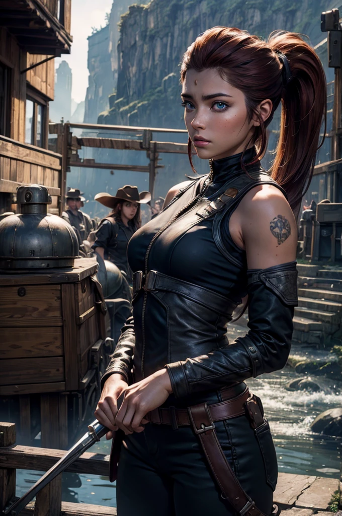 
iliaamitola, ilia amitola, long hair, blue eyes, brown hair, ponytail, dark skin, dark-skinned female, BREAK bare shoulders, bodysuit, BREAK city ruins on hill, in valley, mountains in background, waterfall, crowd, (crowd in military dress), post-apocalypse, dystopian future, crowd, (crowd in military uniforms), (volumetric lighting), best quality, masterpiece, intricate details, tonemapping, sharp focus, hyper detailed, BREAK looking at viewer, (cowboy shot:1.5), BREAK (masterpiece:1.2), best quality, high resolution, unity 8k wallpaper, (illustration:0.8), (beautiful detailed eyes:1.6), extremely detailed face, perfect lighting, extremely detailed CG, (perfect hands, perfect anatomy), 
