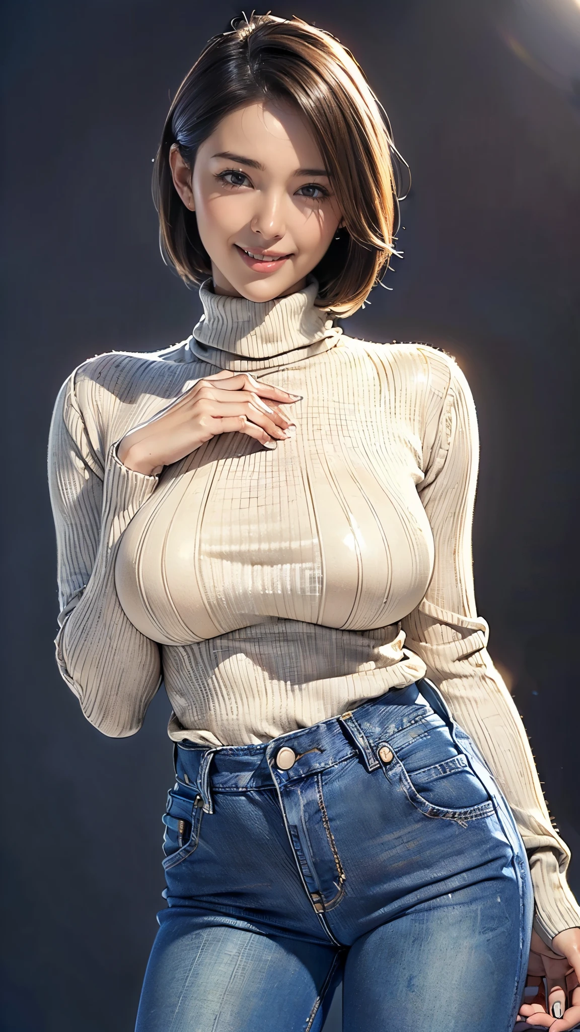 (1 girl:1.5),(50 years old:1.5),(Detailed body:1.4),(Beautiful Skin:1.4),(Japanese:1.5),((Turtleneck sweater that fits the body:1.5)),(Nipple protrusion:1.3),((Wearing jeans:1.5)),(front:1.5),BREAK(Looking at me:1.5),((Fine skin:1.4)),(Shiny skin:1.5),(Beautiful Face:1.5),(Detailed hand drawing:1.3),(Beautiful female hands:1.3),(smile:1.5),(short hair),BREAK(Big Breasts:1.5),(Blurred Background:1.5),(Very sensual:1.5),(sexy:1.5),((Thick thighs:1.5)),(Beautiful body:1.5),((Very sensual:1.5)),BREAK(((masterpiece:1.5),(highest quality:1.5),(Very detailed:1.5),(High resolution:1.5),(Realistic:1.5),(Realistic:1.5),(Delicate depiction),(Careful depiction))),8k,wallpaper