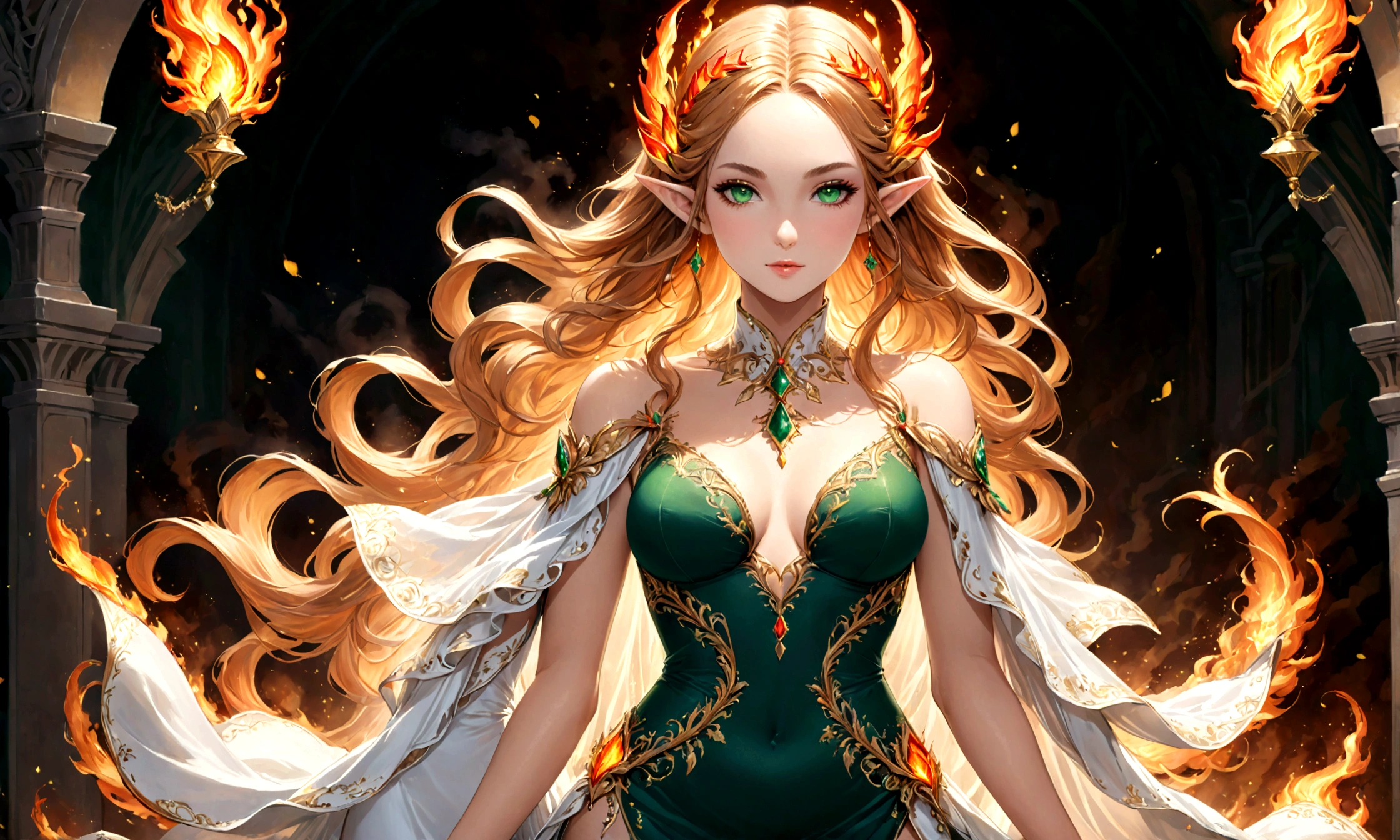 Arafed, a portrait of an elf woman, exotic beauty, long hair, dynamic color, (emerald green eyes), glamour shot, she wears an (white: 1.3) elegant suit, 16k, ultra detailed, masterpiece, best quality, (extremely detailed), arafed, dnd art, phoenix dress