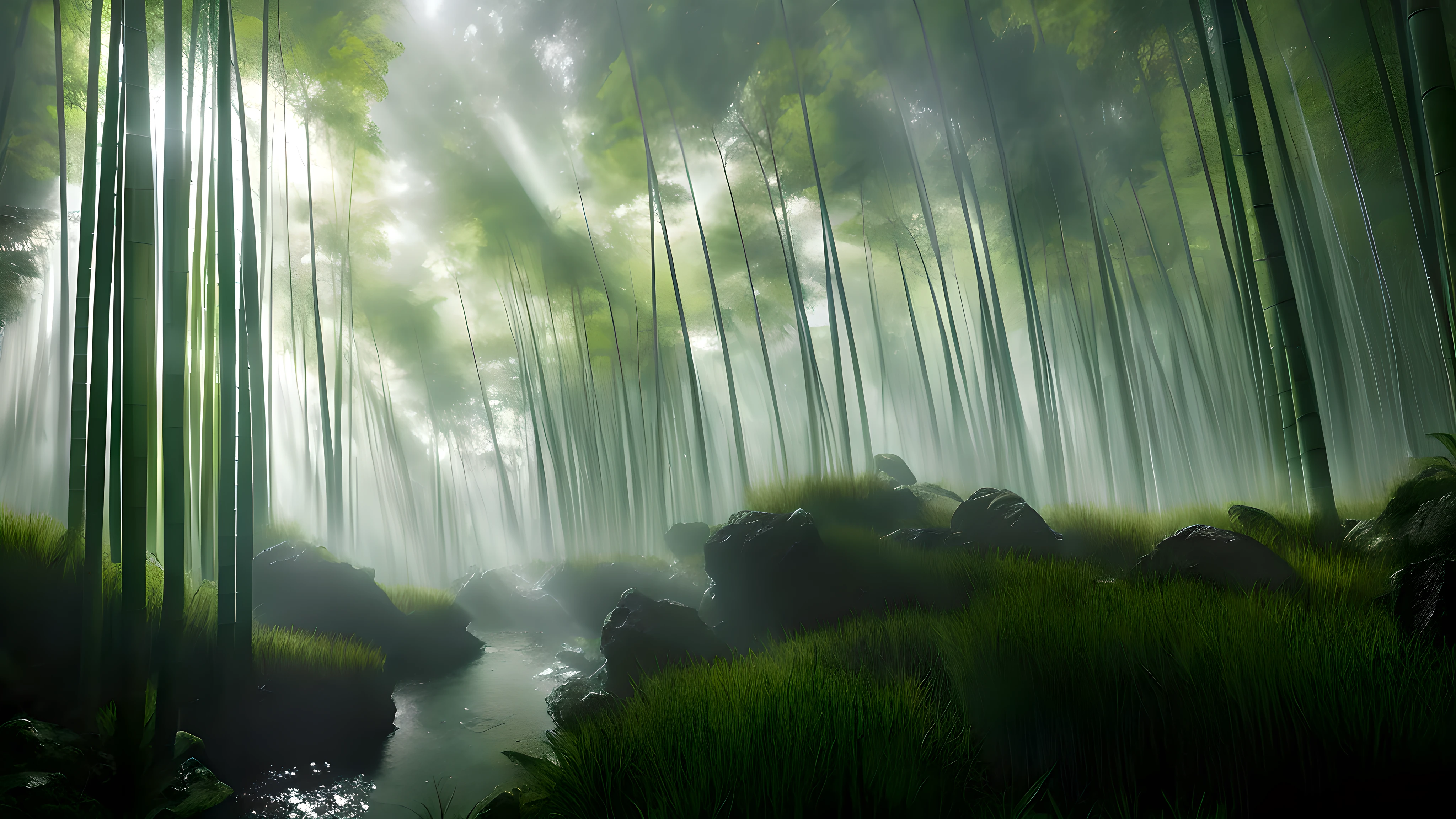 A photorealistic masterpiece in 8K, the image captures a breathtaking bamboo forest in Japan during the tranquil hours after a rain shower. The lush greenery glows with an ethereal radiance, with each bamboo stalk illuminated by the soft, dramatic lighting and shadows that cascade across the scene. Above the dense forest canopy, an aurora pulsates with vibrant colors, casting its celestial light upon the the forest below. The dramatic, moody atmosphere is further emphasized by the cinematic composition, with the stunning vibrant colors and highly detailed bamboo stalks creating an immersive and captivating visual experience. This is a