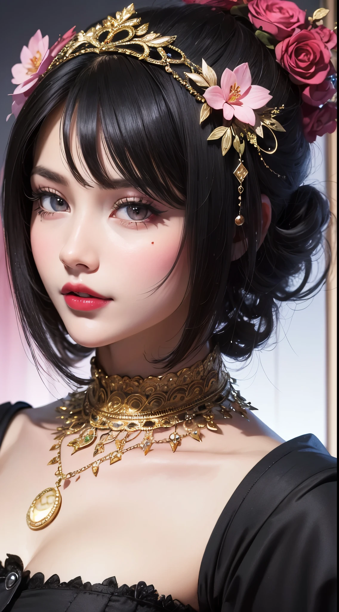 eye reflection, musical note black hair ornament, UHD, red retina, pink lips, masterpiece, accurate, anatomically correct, textured skin, super details, high details, high quality, best quality, highres, 1080P, HD, 4K, 8k, 16k.