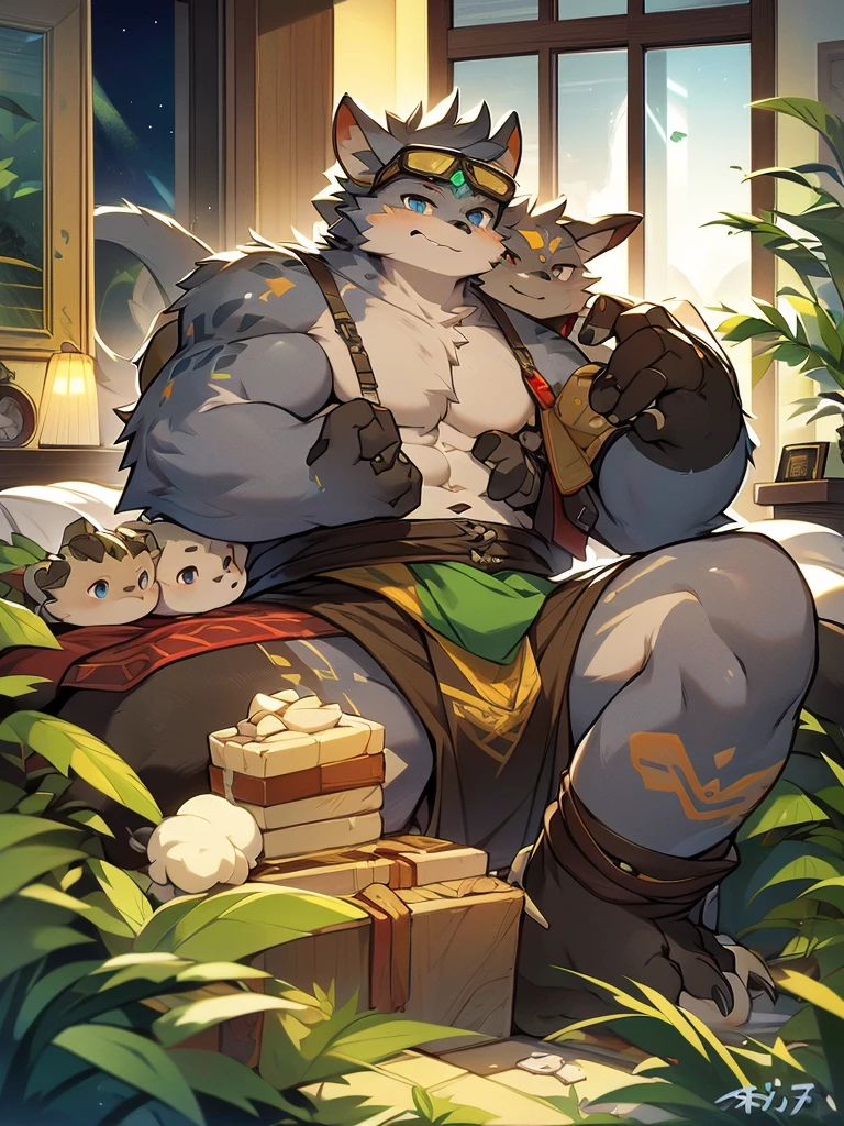 Dark Green Chinese Dragon Grandpa,Gray fur,Topless, mammal, hairy,Gray Eyes,upscale hotel,goggles,moon tattoo,elder,Chest muscles,Cover your crotch with your hands,Normal head-to-body ratio