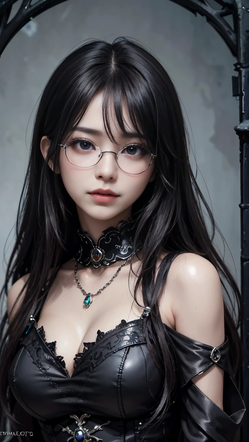 (highest quality,4K,8k,High resolution,masterpiece:1.2),Very detailed,(Realistic,photoRealistic,photo-Realistic:1.37), Close-up of a woman with dark hair and wearing a black dress, Dark Eyes,an  ominous笑顔,((((Glasses))))、((((big sapphire necklace))))、Evil Aura,Burning Flames,Soul Corruption,Dark Shadows,an  ominous雰囲気,Strange symbols,Cursed Land,Eternal Darkness,Unforgettable are present,Intimidating person,Grotesque features,Horror Scene,twisted reality,Scary atmosphere,A wonderful work of art,Evil Unleashed,Supernatural horror,Spooky art,nightmare fuel,Terrifyingly clear,Abstract fear,Terrifyingly beautiful,masterpiece,Fear incarnate,Shadow Chaos,are present,to be born々Shii Darkness,in style of Dark Fantasy Art, Dark Fantasy Art, Beautiful and elegant queen of darkness, Dark Fantasy Art, fantasy dark art, Dark fantasy digital art, Gothic fantasy art, Gothic Dark Maiden, Detailed Texture,Spooky creatures,an  ominous雰囲気,Mythical,Space horror,darkness,Mysterious,Dark aesthetic,Fog Background,Eyes of another world,Ancient Gods々々々々々, Powerful wizard, MysteriousStanding in the woods. Flowing robes decorated with symbols, Arms stretched out, Powerful,Tentacles,Pitch black blackness,Majestic,Unfathomable depth,nightmare,The are present of the universe,an  ominousare present,seeping darknesss,Secrets of the Universe, (Spooky atmosphere), (((Dramatic Shadows), (Dynamic pose), ((Artistically expressed)), ((charm), (Gothic), (Mysterious Setting), (Moody color palette), (Skillfully drawn), (sense of unease), (Intricate details), (an  ominous smile), (an  ominous), (charm eyes), (Horror elements), (charm composition), (Impressive anatomy),(Striking contrast))), (Interesting character designs)、Dark Fantasy Portrait, Portrait of the Dark Goddess, 