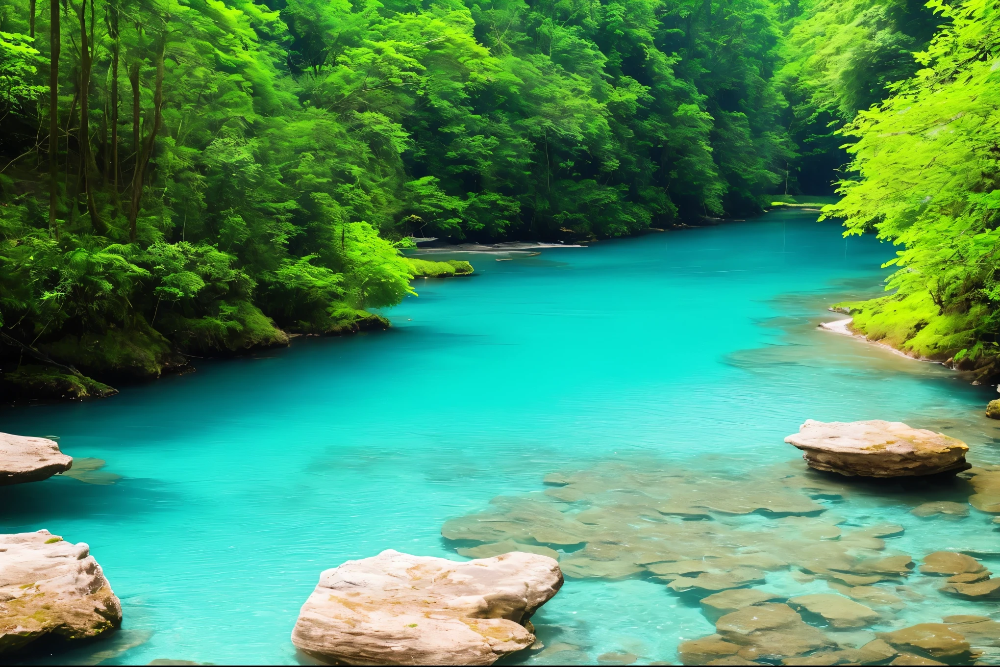  river with stunning water, peaceful and serene, blue and green water, beautiful place, very close to real nature, beautiful environment, green waters, mystical forest lagoon, magical environment, underground lake, beautiful nature, very very beautiful scenery, peaceful environment, very beautiful scenery