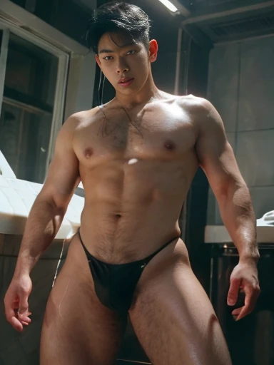 Handsome korean boy , full length shot , wearing tight mesh string thong , high waisted string thong , ((wide hips , wide pelvis , phat hips)) , sexy , nsfw , eroticism , (only boy , only male) , details face , sleeveless , snake eye , thin lips , wet , oily body, bare chest , phat pectoral