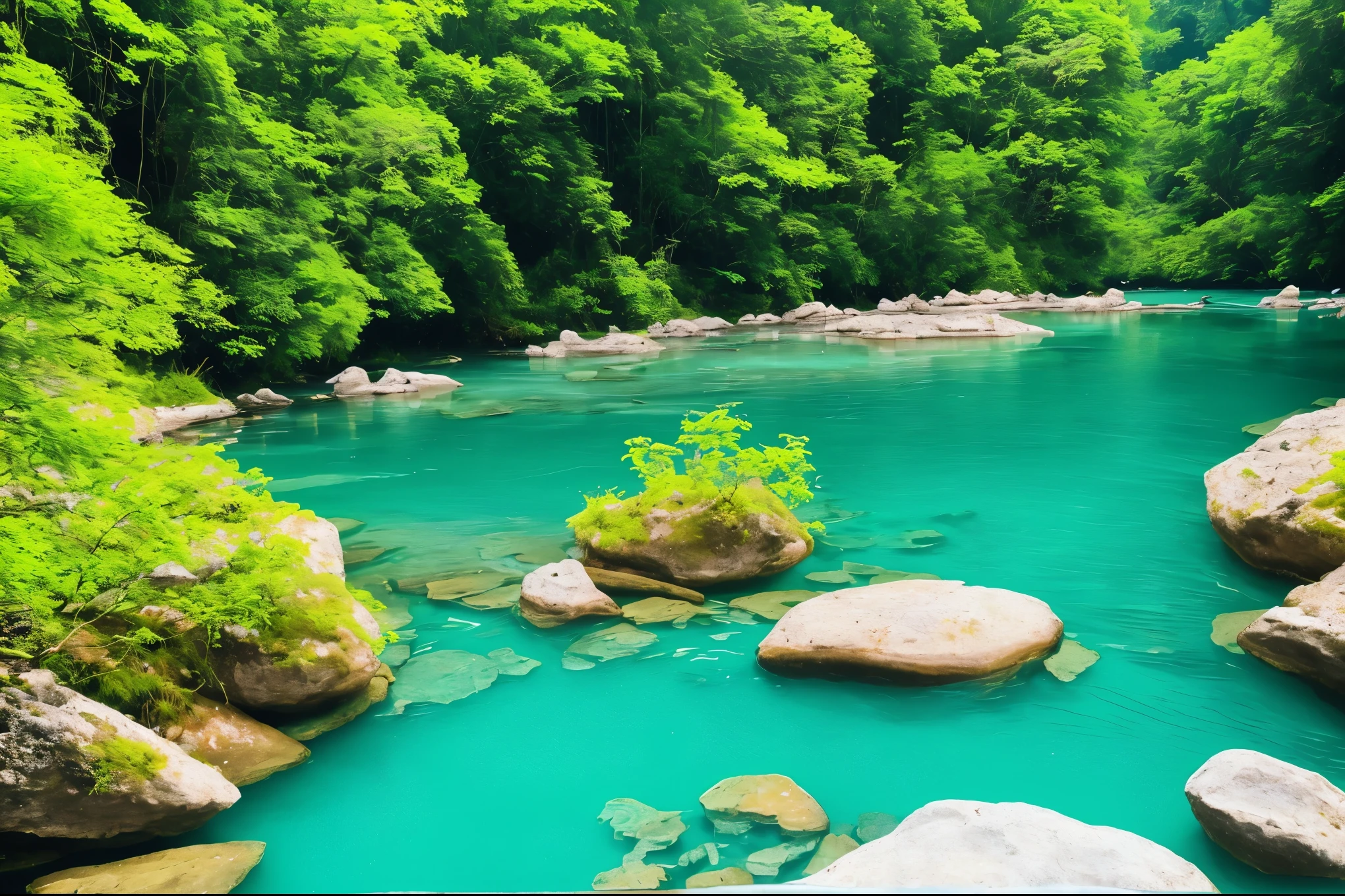  river with stunning water, peaceful and serene, blue and green water, beautiful place, very close to real nature, beautiful environment, green waters, mystical forest lagoon, magical environment, underground lake, beautiful nature, very very beautiful scenery, peaceful environment, very beautiful scenery