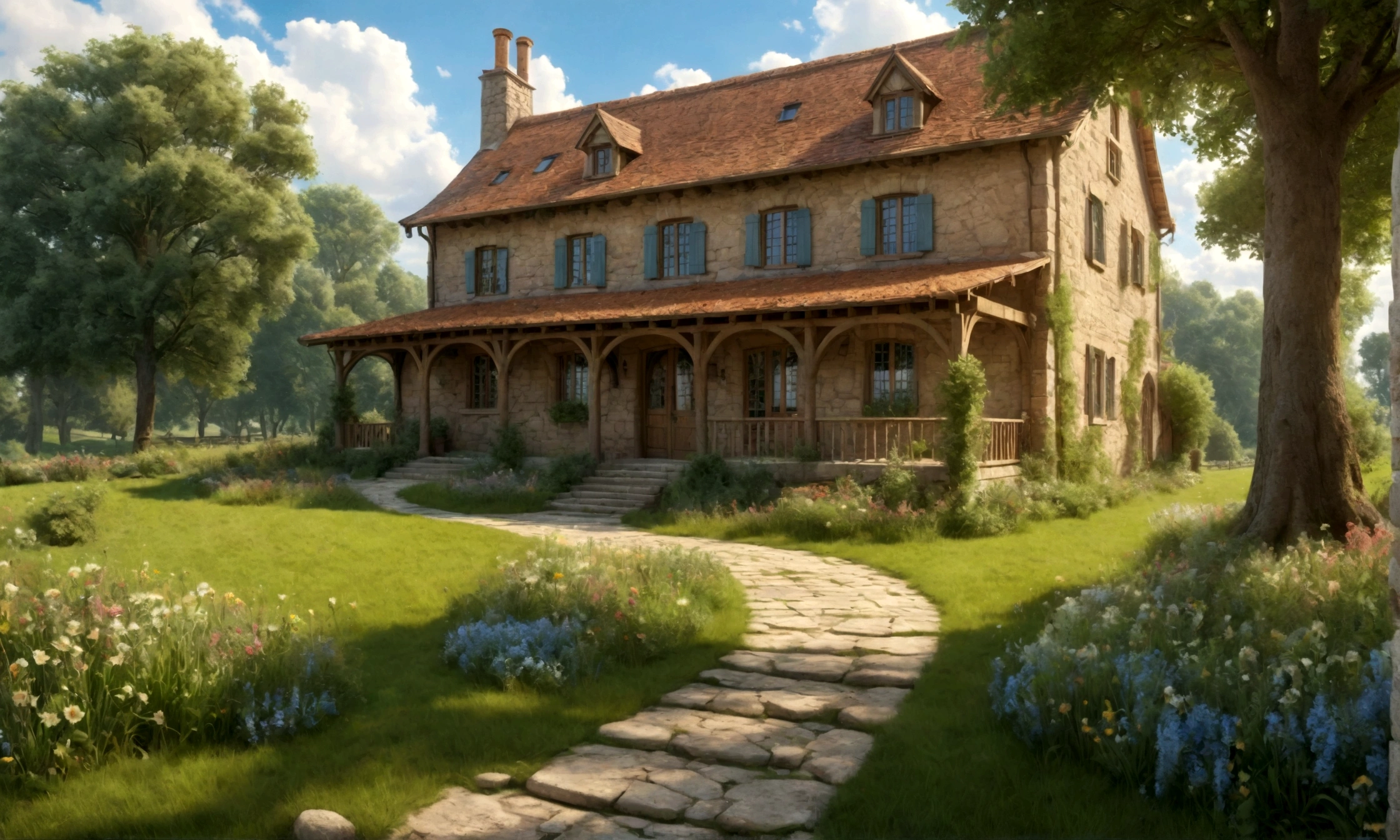 a beautiful farmhouse, detailed exterior, rustic wooden construction, lush green grass, tall trees, blue sky with fluffy clouds, sunlight streaming through, flowering plants, stone pathway leading to the entrance, ornate windows and door, well-maintained garden, (best quality,4k,8k,highres,masterpiece:1.2),ultra-detailed,(realistic,photorealistic,photo-realistic:1.37),landscape,warm color tones,natural lighting,vibrant colors