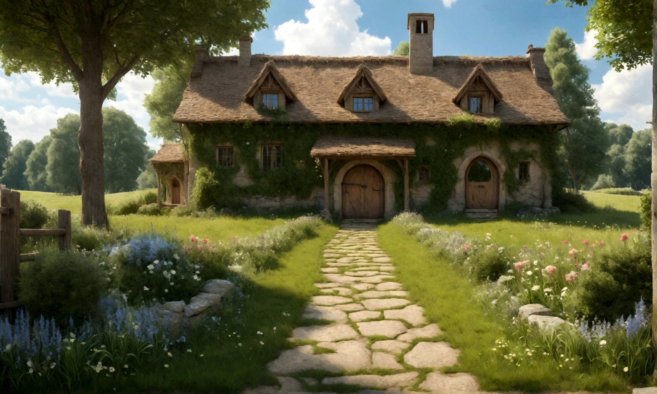 a beautiful farmhouse, detailed exterior, rustic wooden construction, lush green grass, tall trees, blue sky with fluffy clouds, sunlight streaming through, flowering plants, stone pathway leading to the entrance, ornate windows and door, well-maintained garden, (best quality,4k,8k,highres,masterpiece:1.2),ultra-detailed,(realistic,photorealistic,photo-realistic:1.37),landscape,warm color tones,natural lighting,vibrant colors