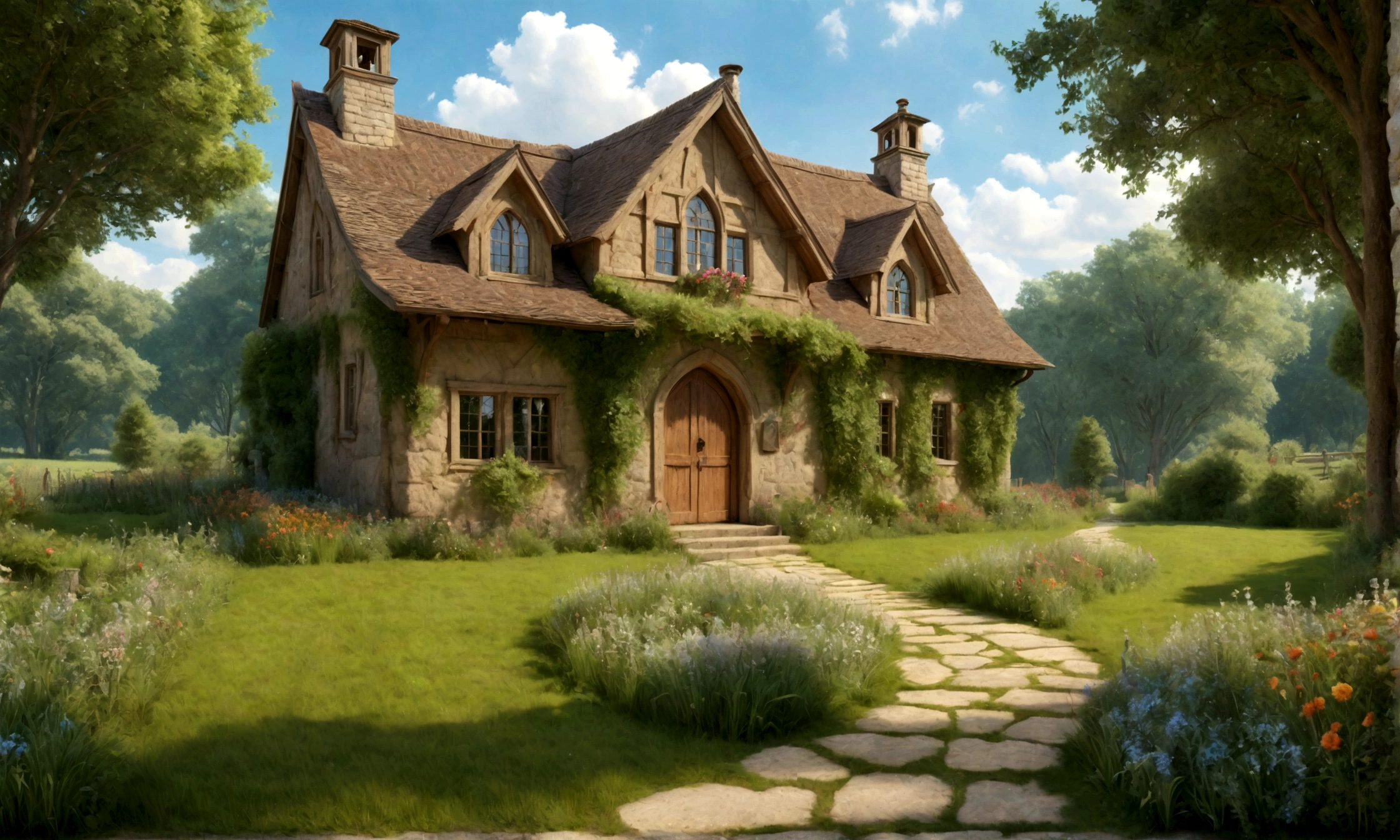 a beautiful farmhouse, detailed exterior, rustic wooden construction, lush green grass, tall trees, blue sky with fluffy clouds, sunlight streaming through, flowering plants, stone pathway leading to the entrance, ornate windows and door, well-maintained garden, (best quality,4k,8k,highres,masterpiece:1.2),ultra-detailed,(realistic,photorealistic,photo-realistic:1.37),landscape,warm color tones,natural lighting,vibrant colors