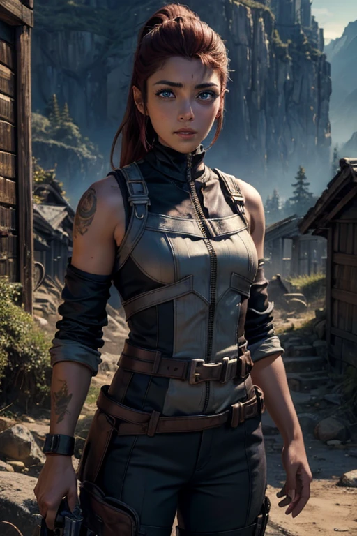 
iliaamitola, ilia amitola, long hair, blue eyes, brown hair, ponytail, dark skin, dark-skinned female, BREAK bare shoulders, bodysuit, BREAK city ruins on hill, in valley, mountains in background, waterfall, crowd, (crowd in military dress), post-apocalypse, dystopian future, crowd, (crowd in military uniforms), (volumetric lighting), best quality, masterpiece, intricate details, tonemapping, sharp focus, hyper detailed, BREAK looking at viewer, (cowboy shot:1.5), BREAK (masterpiece:1.2), best quality, high resolution, unity 8k wallpaper, (illustration:0.8), (beautiful detailed eyes:1.6), extremely detailed face, perfect lighting, extremely detailed CG, (perfect hands, perfect anatomy), 
