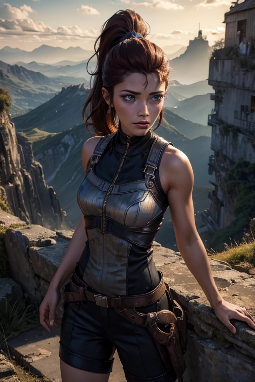 iliaamitola, ilia amitola, long hair, blue eyes, brown hair, ponytail, dark skin, dark-skinned female, BREAK bare shoulders, bodysuit, BREAK city ruins on hill, in valley, mountains in background, waterfall, crowd, (crowd in military dress), post-apocalypse, dystopian future, crowd, (crowd in military uniforms), (volumetric lighting), best quality, masterpiece, intricate details, tonemapping, sharp focus, hyper detailed, BREAK looking at viewer, (cowboy shot:1.5), BREAK (masterpiece:1.2), best quality, high resolution, unity 8k wallpaper, (illustration:0.8), (beautiful detailed eyes:1.6), extremely detailed face, perfect lighting, extremely detailed CG, (perfect hands, perfect anatomy),
