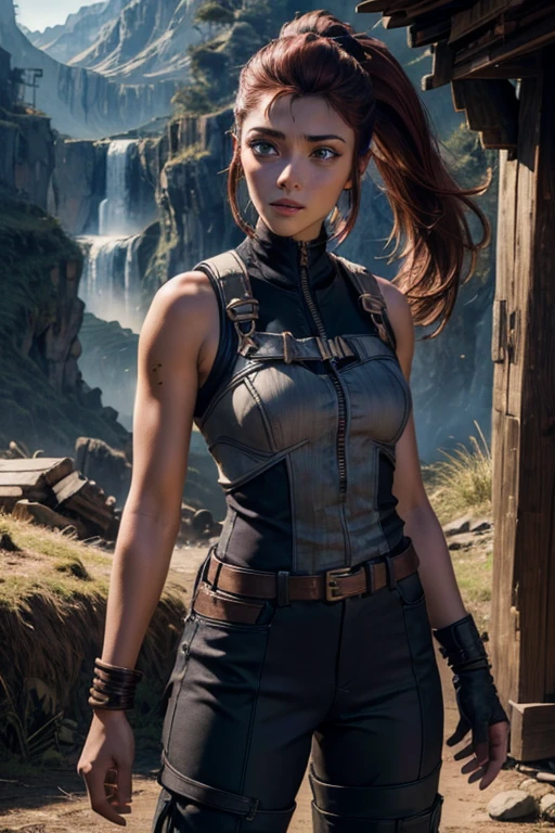 
iliaamitola, ilia amitola, long hair, blue eyes, brown hair, ponytail, dark skin, dark-skinned female, BREAK bare shoulders, bodysuit, BREAK city ruins on hill, in valley, mountains in background, waterfall, crowd, (crowd in military dress), post-apocalypse, dystopian future, crowd, (crowd in military uniforms), (volumetric lighting), best quality, masterpiece, intricate details, tonemapping, sharp focus, hyper detailed, BREAK looking at viewer, (cowboy shot:1.5), BREAK (masterpiece:1.2), best quality, high resolution, unity 8k wallpaper, (illustration:0.8), (beautiful detailed eyes:1.6), extremely detailed face, perfect lighting, extremely detailed CG, (perfect hands, perfect anatomy), 
