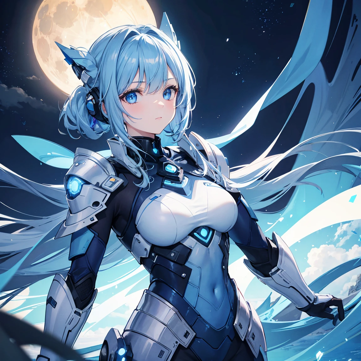 8k, highest quality, (real:1.4), Original photo, 1 girl, Asari Hair, Biological Amplifier, refined armor, posture: Peace talks between warring factions,attention arousal, smart blue eyes,Blue big moon and blue light swirl in the background,Blue halo,