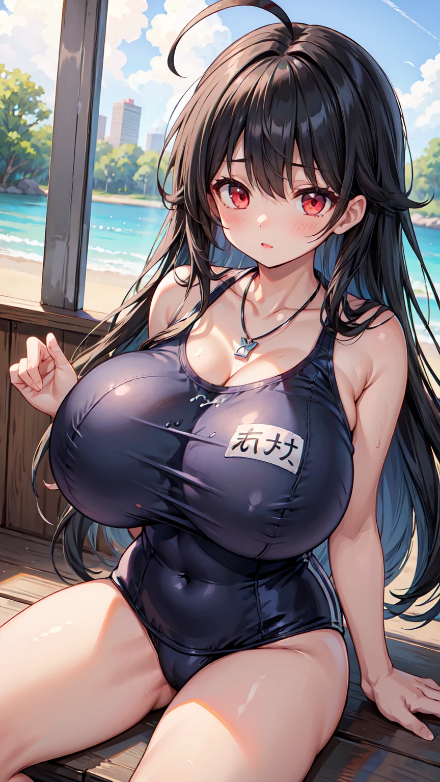 (cute girl)、(very huge :1.2)、(Schwimsuit)、(black long hair)、red eyes、Ahoge、necklace