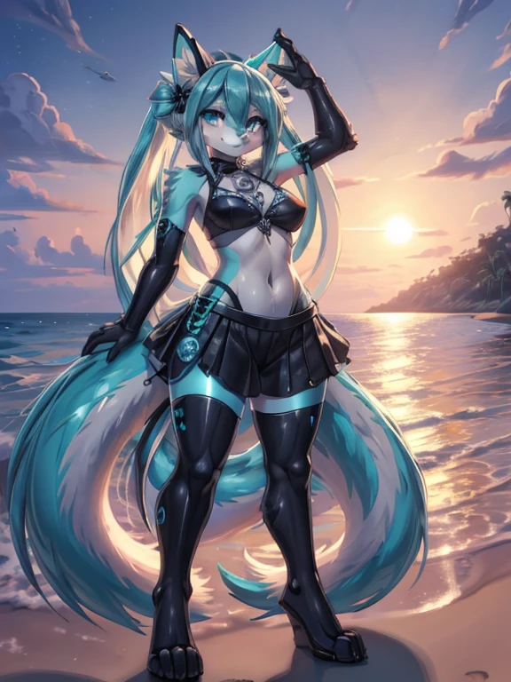 
(Maxima calidad), ((la mejor definicion)) Miku Hatsune antropomorfica, furry art, ojos azul intenso ((la mejor calidad)), recostada sobre su lado izquierdo, pose medio lateral, descalza, patas bien definidas, la mejor calidad, beach landscape al atardecer