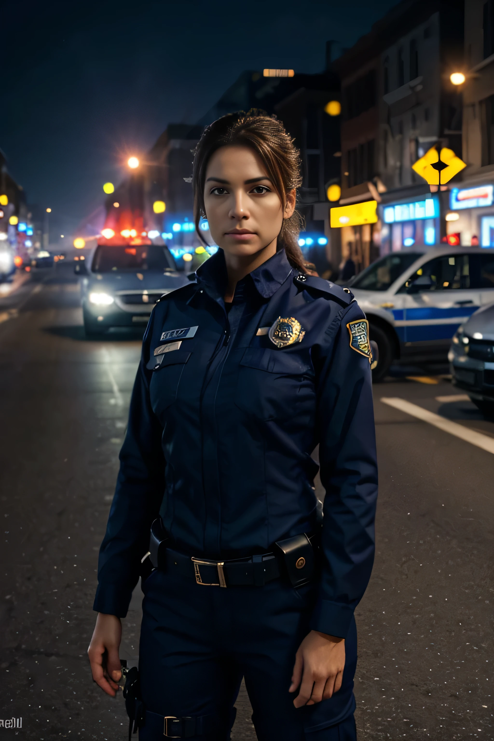 woman in police uniform standing in the middle of the street,cinematic lighting,dramatic angle,highly detailed,photorealistic,8k,masterpiece,(best quality,4k,8k,highres,masterpiece:1. 2),ultra detailed,(realistic,photorealistic,photorealistic:1. 37),HDR,UHD,studio lighting,ultra-fine rendering,sharp focus,physics-based rendering,extreme detail description,professional,vivid colors,bokeh,cinematic,dramatic,intense,powerful