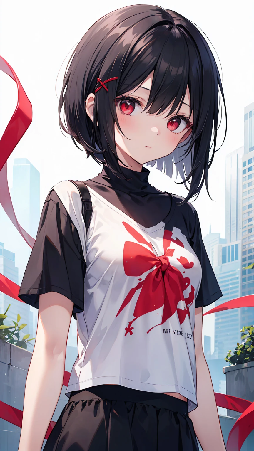 1girl, Black Hair, Short Bob, (Red eyes:1.1), Red ribbon hairpin, Plain T-shirt , masterpiece, best quality, 8K,