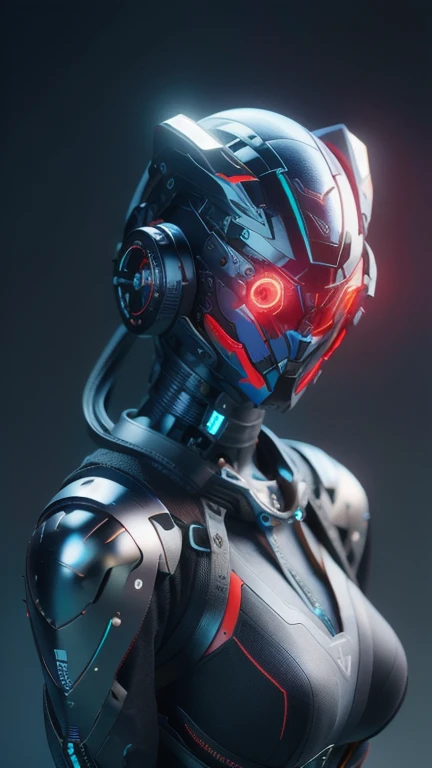 obra maestra, mejor calidad, a closeup of a futuristic looking cyborg girl with a fantastic cyber helmet head with red triangular LED lights and a halo, vestido con una chaqueta Techwear negra, cuerpo entero fondo blanco