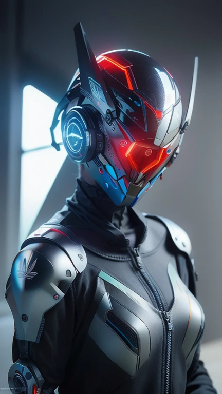 obra maestra, mejor calidad, a closeup of a futuristic looking cyborg girl with a fantastic cyber helmet head with red triangular LED lights and a halo, vestido con una chaqueta Techwear negra, cuerpo entero fondo blanco