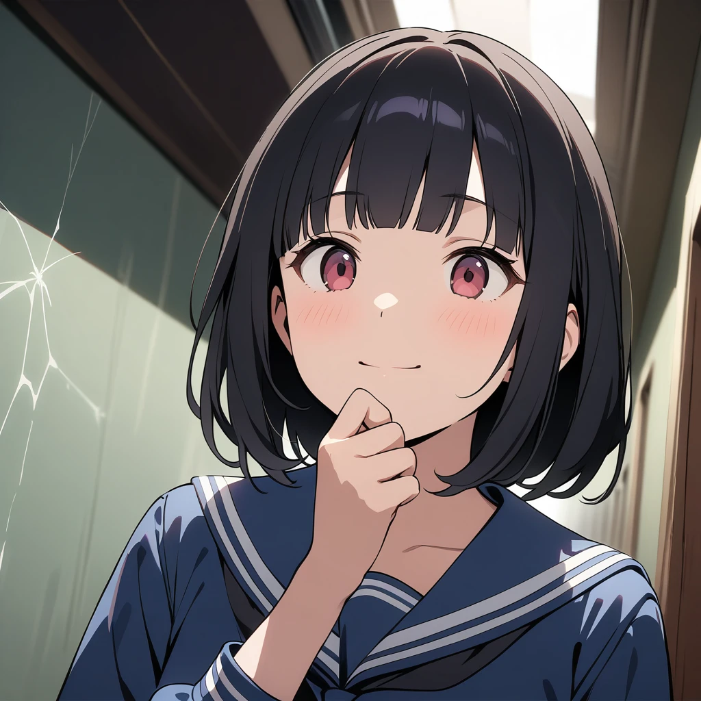 Best image quality,Best animation quality,((masterpiece)),High resolution,1080p,(Low - Angle),alone,Upper Body,(girl,(Close your mouth),A light smile,Very finely tidy hair,Black Hair,Neat bangs),Loose sailor suit,Hallway background,(Lots of cobwebs),dark気持ち,dark,(Horror)