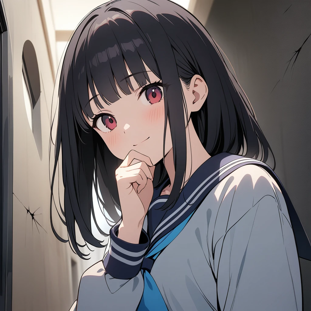 Best image quality，Best animation quality，((masterpiece))，High resolution，1080p，(Low - Angle)，alone，Upper Body，(girl，(Close your mouth)，A light smile，Very finely tidy hair，Black Hair，Neat bangs)，Loose sailor suit，Hallway background，(Lots of cobwebs)，dark気持ち，dark，(Horror)