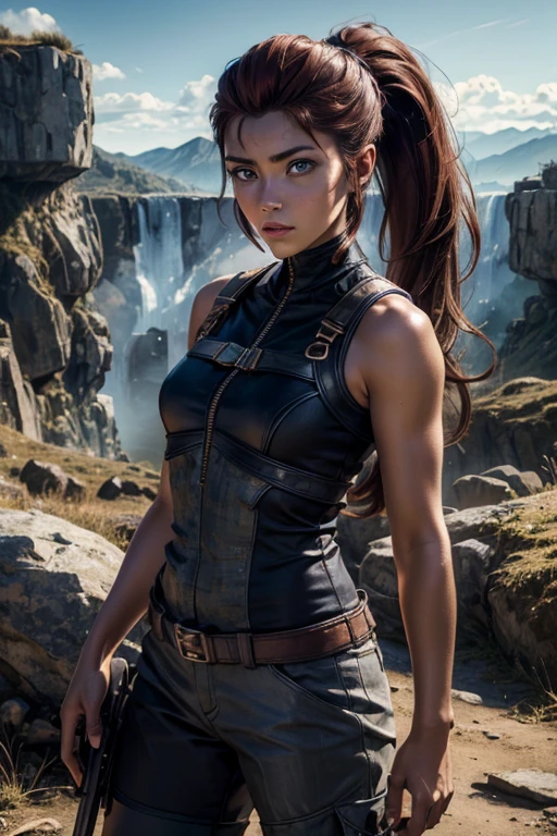 iliaamitola, ilia amitola, long hair, blue eyes, brown hair, ponytail, dark skin, dark-skinned female, BREAK bare shoulders, bodysuit, BREAK old mine entrance on hill, in valley, mountains in background, waterfall, crowd, (crowd in military dress), post-apocalypse, dystopian future, crowd, (crowd in military uniforms), (volumetric lighting), best quality, masterpiece, intricate details, tonemapping, sharp focus, hyper detailed, BREAK looking at viewer, (cowboy shot:1.5), BREAK (masterpiece:1.2), best quality, high resolution, unity 8k wallpaper, (illustration:0.8), (beautiful detailed eyes:1.6), extremely detailed face, perfect lighting, extremely detailed CG, (perfect hands, perfect anatomy),
