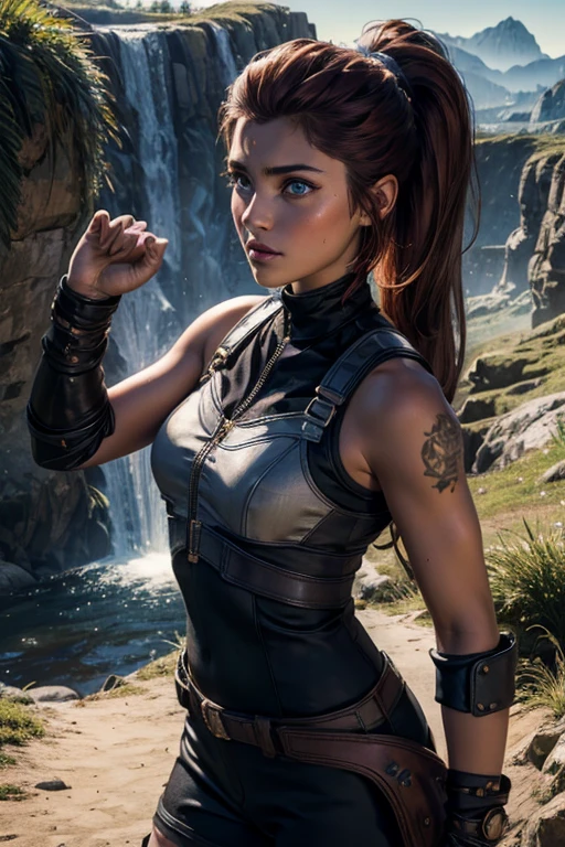 
iliaamitola, ilia amitola, long hair, blue eyes, brown hair, ponytail, dark skin, dark-skinned female, BREAK bare shoulders, bodysuit, BREAK old mine entrance on hill, in valley, mountains in background, waterfall, crowd, (crowd in military dress), post-apocalypse, dystopian future, crowd, (crowd in military uniforms), (volumetric lighting), best quality, masterpiece, intricate details, tonemapping, sharp focus, hyper detailed, BREAK looking at viewer, (cowboy shot:1.5), BREAK (masterpiece:1.2), best quality, high resolution, unity 8k wallpaper, (illustration:0.8), (beautiful detailed eyes:1.6), extremely detailed face, perfect lighting, extremely detailed CG, (perfect hands, perfect anatomy), 
