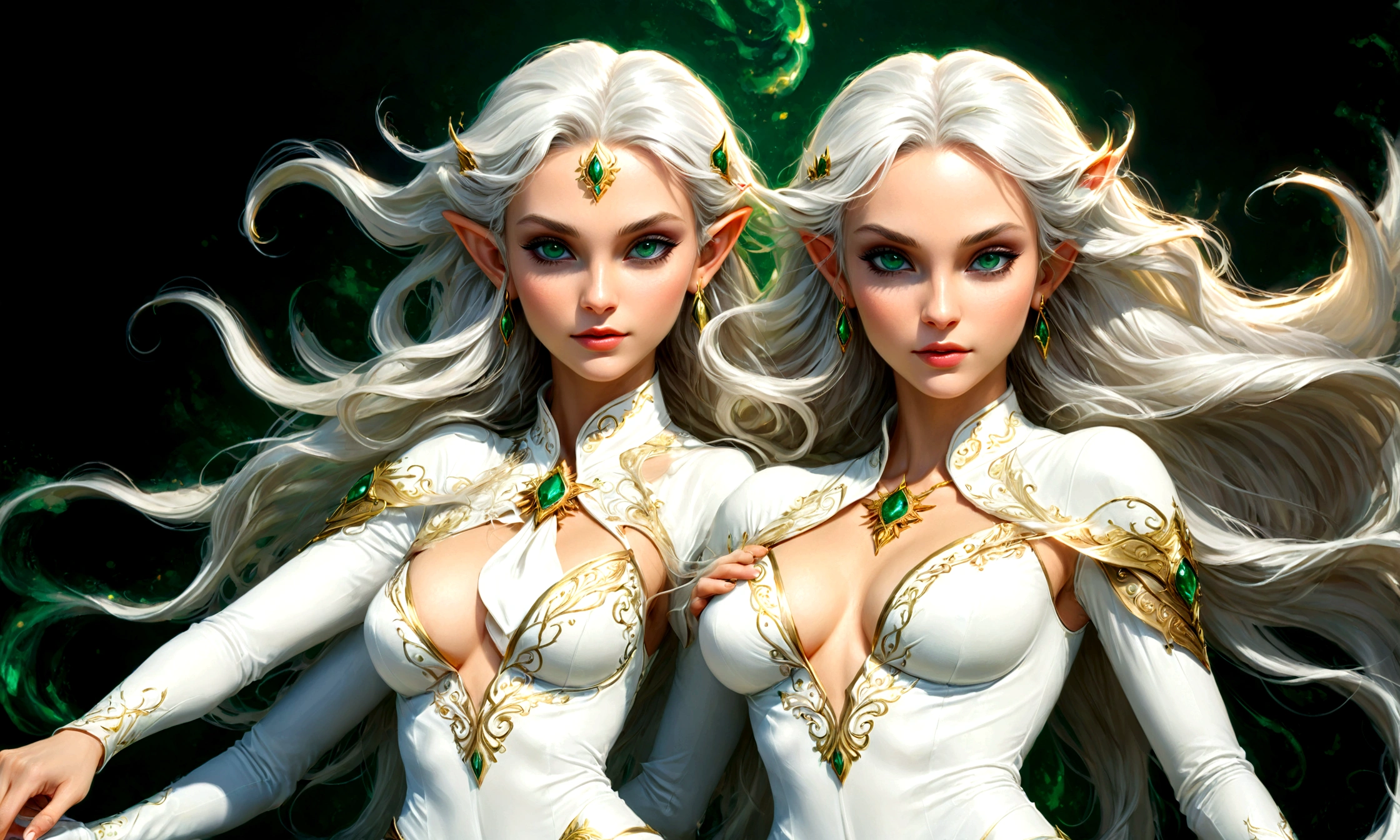 Arafed, a portrait of an elf woman, exotic beauty, long hair, dynamic color, (emerald green eyes), glamour shot, she wears an (white: 1.3) elegant suit, 16k, ultra detailed, masterpiece, best quality, (extremely detailed), arafed, dnd art, phoenix dress