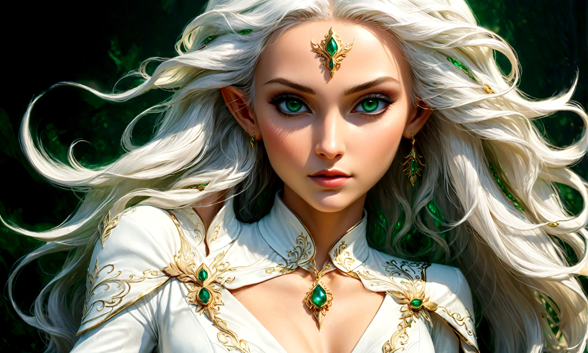 Arafed, a portrait of an elf woman, exotic beauty, long hair, dynamic color, (emerald green eyes), glamour shot, she wears an (white: 1.3) elegant suit, 16k, ultra detailed, masterpiece, best quality, (extremely detailed), arafed, dnd art, phoenix dress