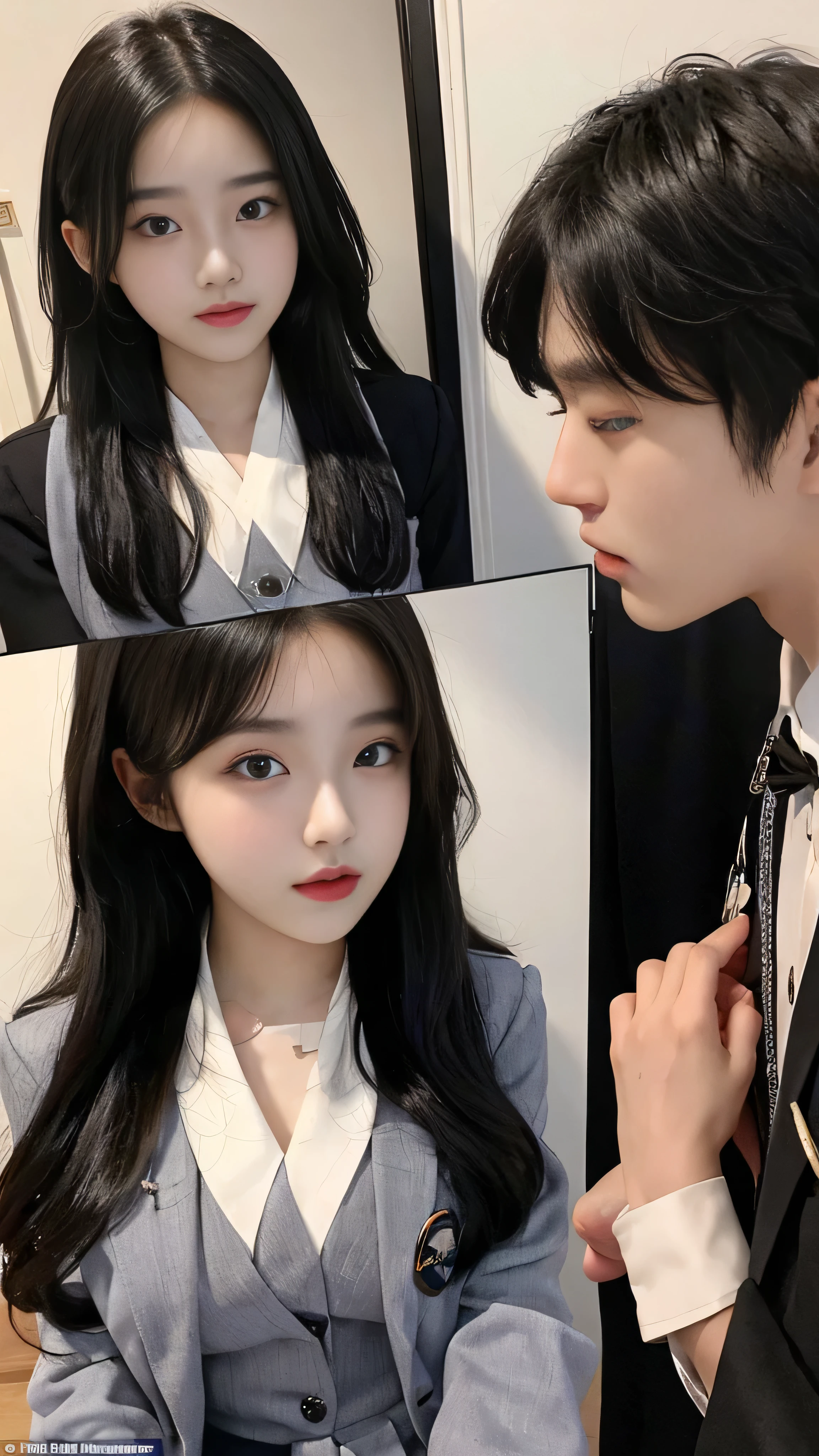  (high quality), (NSFW:1.2), Split the screen vertically, 1 girl and 1 man are dating online by exchanging own photos and messages using a smartphone chatting app, 18 years old, korean, long distance relationship, The text is written in English., they weared korean high school uniforms, whole body