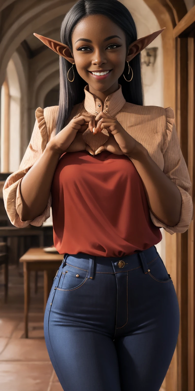 (heart hands, own hands together:1), mature female Pirotess Dark skin elf, blouse, smile, happy, Jeggings