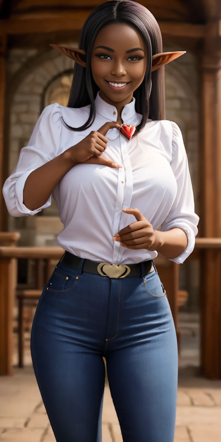 (heart hands, own hands together:1), mature female Pirotess Dark skin elf, blouse, smile, happy, Jeggings