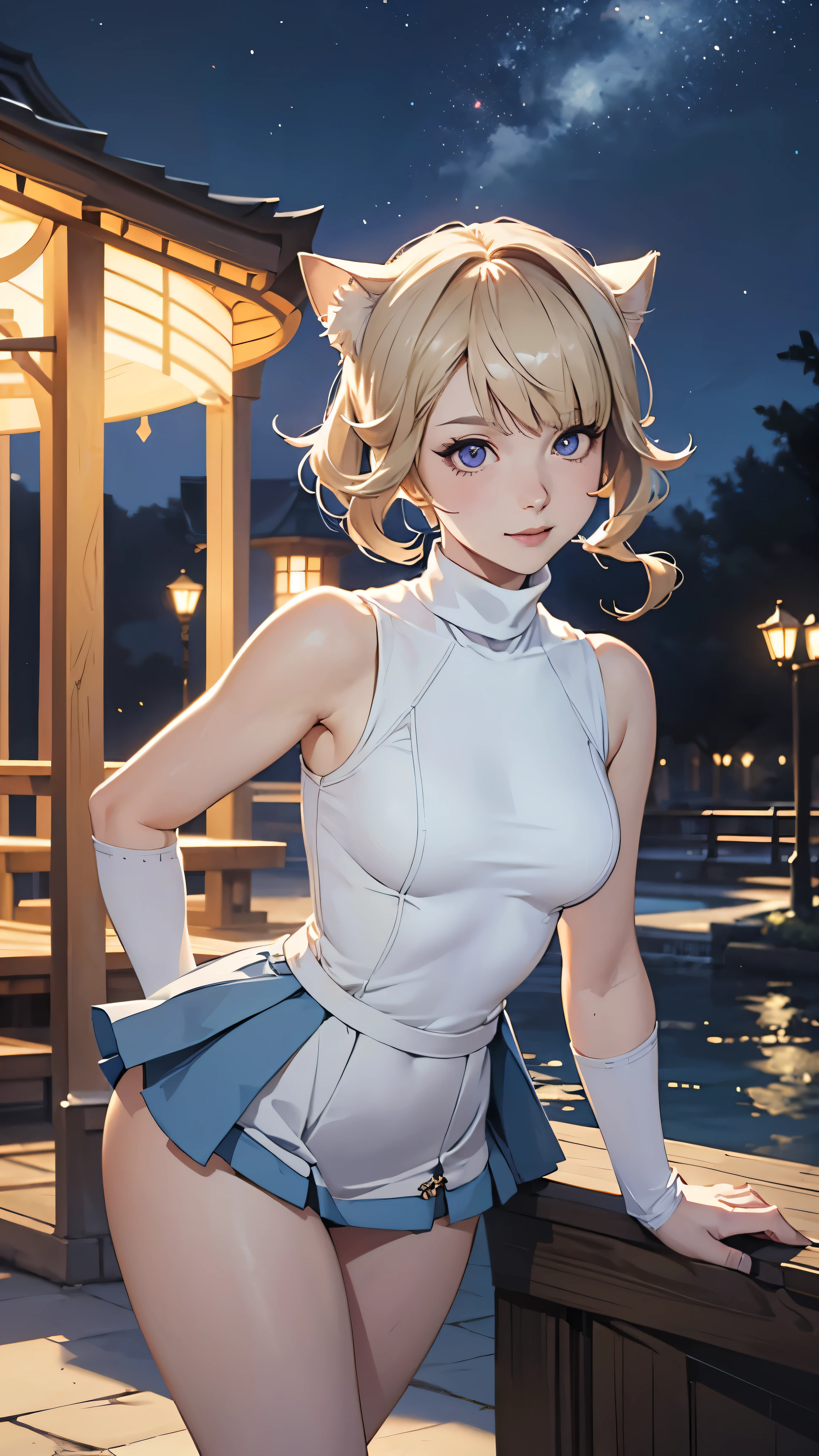 Sole female, Realistic, genshin impact, Lynette,((white turtleneck)), (( very short miniskirt)), ((visible panties)), blonde, blue dress, gentle smile, night, park,(( sleeveless)), cat ears, standing 