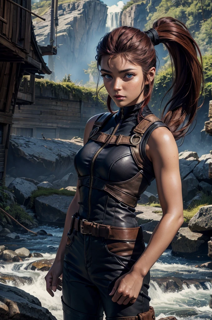 
iliaamitola, ilia amitola, long hair, blue eyes, brown hair, ponytail, dark skin, dark-skinned female, BREAK bare shoulders, bodysuit, BREAK old mine entrance on hill, in valley, mountains in background, waterfall, crowd, (crowd in military dress), post-apocalypse, dystopian future, crowd, (crowd in military uniforms), (volumetric lighting), best quality, masterpiece, intricate details, tonemapping, sharp focus, hyper detailed, BREAK looking at viewer, (cowboy shot:1.5), BREAK (masterpiece:1.2), best quality, high resolution, unity 8k wallpaper, (illustration:0.8), (beautiful detailed eyes:1.6), extremely detailed face, perfect lighting, extremely detailed CG, (perfect hands, perfect anatomy), 
