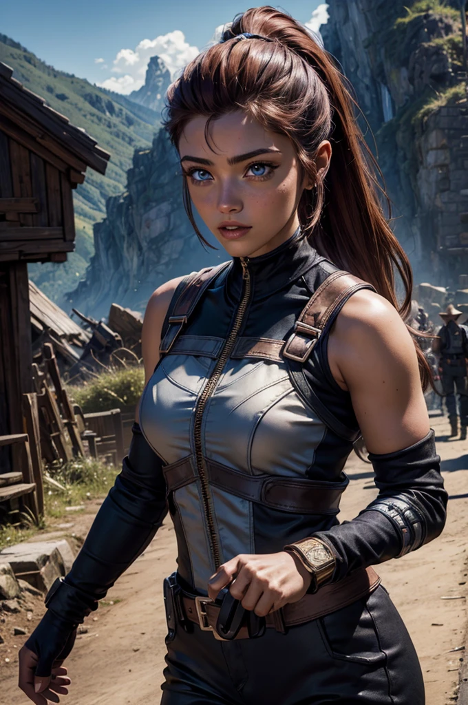 
iliaamitola, ilia amitola, long hair, blue eyes, brown hair, ponytail, dark skin, dark-skinned female, BREAK bare shoulders, bodysuit, BREAK old mine entrance on hill, in valley, mountains in background, waterfall, crowd, (crowd in military dress), post-apocalypse, dystopian future, crowd, (crowd in military uniforms), (volumetric lighting), best quality, masterpiece, intricate details, tonemapping, sharp focus, hyper detailed, BREAK looking at viewer, (cowboy shot:1.5), BREAK (masterpiece:1.2), best quality, high resolution, unity 8k wallpaper, (illustration:0.8), (beautiful detailed eyes:1.6), extremely detailed face, perfect lighting, extremely detailed CG, (perfect hands, perfect anatomy), 
