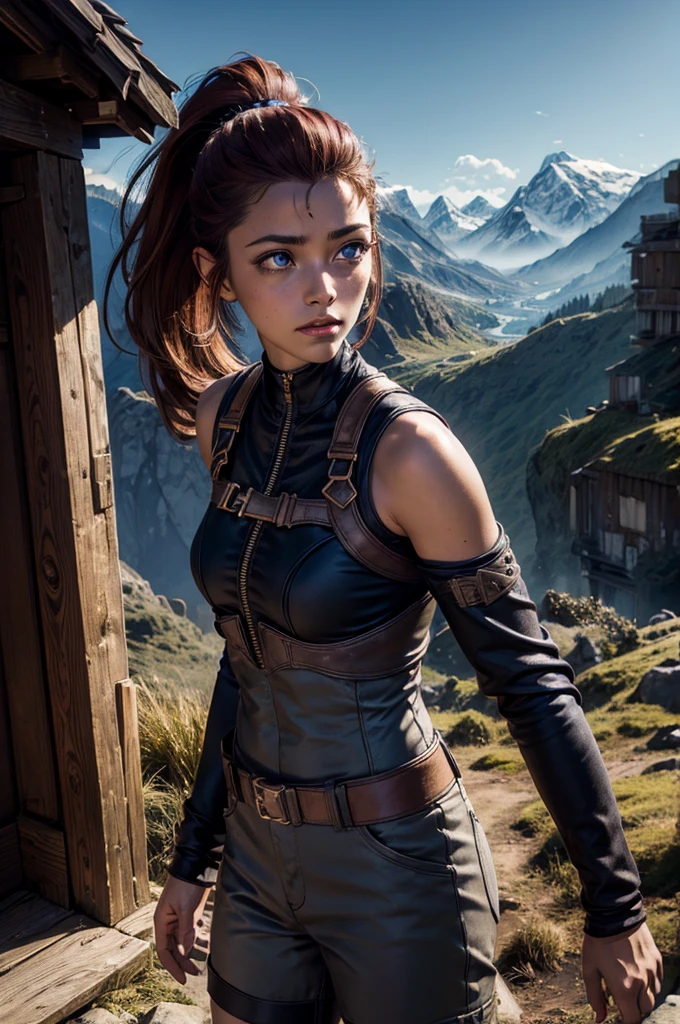 
iliaamitola, ilia amitola, long hair, blue eyes, brown hair, ponytail, dark skin, dark-skinned female, BREAK bare shoulders, bodysuit, BREAK old mine entrance on hill, in valley, mountains in background, waterfall, crowd, (crowd in military dress), post-apocalypse, dystopian future, crowd, (crowd in military uniforms), (volumetric lighting), best quality, masterpiece, intricate details, tonemapping, sharp focus, hyper detailed, BREAK looking at viewer, (cowboy shot:1.5), BREAK (masterpiece:1.2), best quality, high resolution, unity 8k wallpaper, (illustration:0.8), (beautiful detailed eyes:1.6), extremely detailed face, perfect lighting, extremely detailed CG, (perfect hands, perfect anatomy), 
