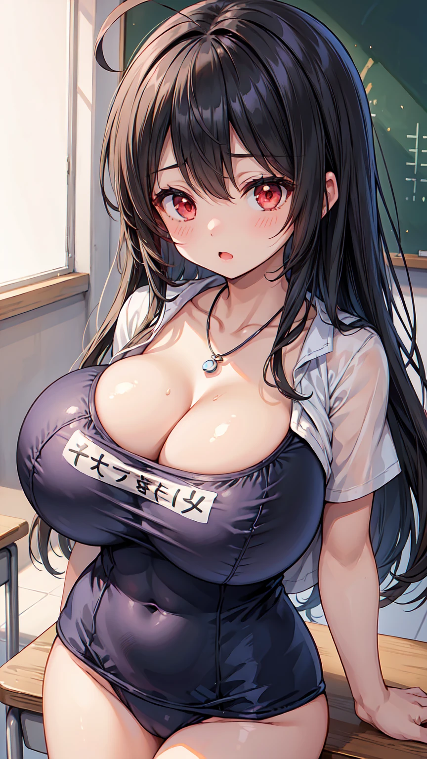 ((cute girl))、((very huge breasts:1.2))、((School swimsuit))、(black long hair)、red eyes、Ahoge、necklace