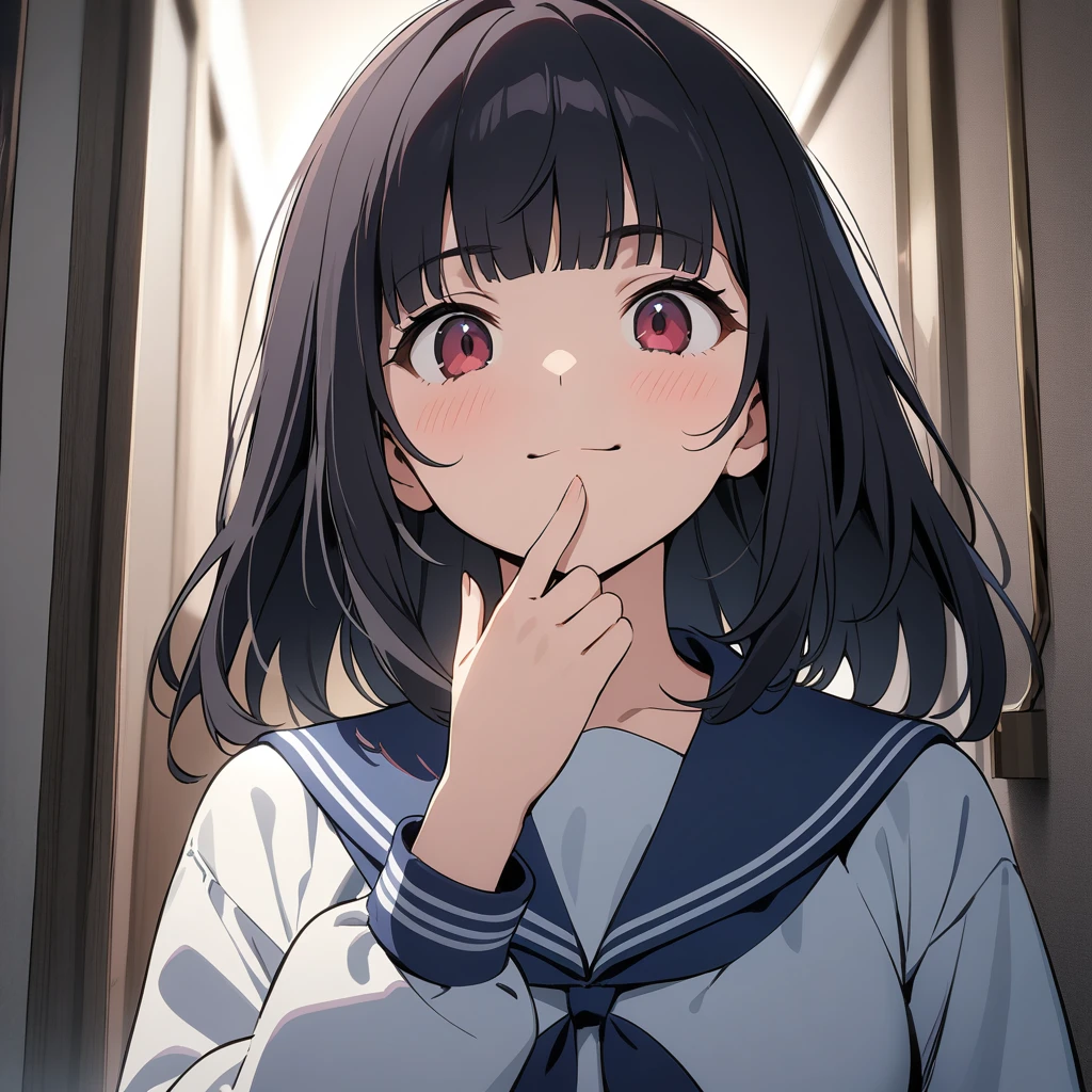 Best image quality，Best animation quality，((masterpiece))，High resolution，1080p，(Low - Angle)，alone，Upper Body，(girl，(Close your mouth)，A light smile，Very finely tidy hair，Black Hair，Neat bangs)，Loose sailor suit，Hallway background，(Lots of cobwebs)，dark気持ち，dark，(Horror)