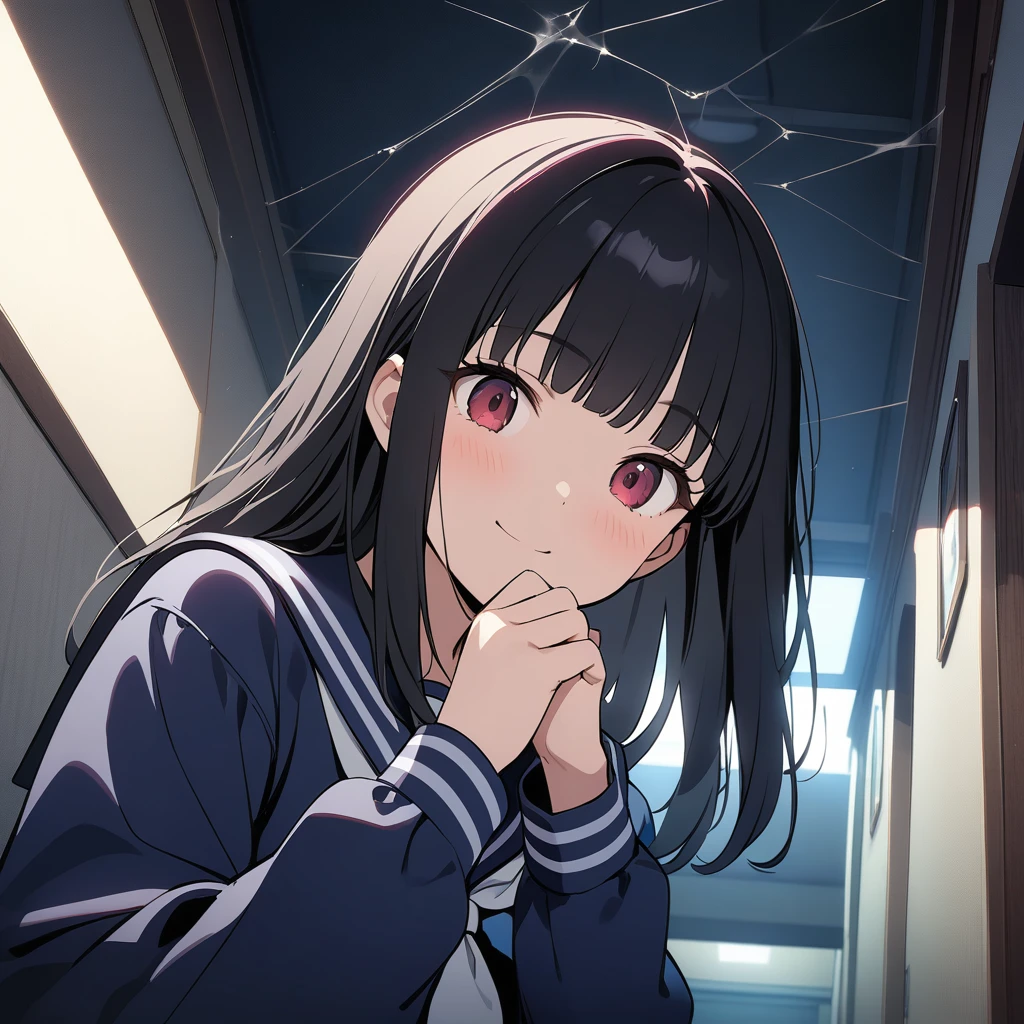 I can see her panties、M-shaped legs、M-shaped legs、M-shaped legs、Crouching、、I can see her panties、Blushing、Feeling embarrassed、Black Hair、Semi-long hair、