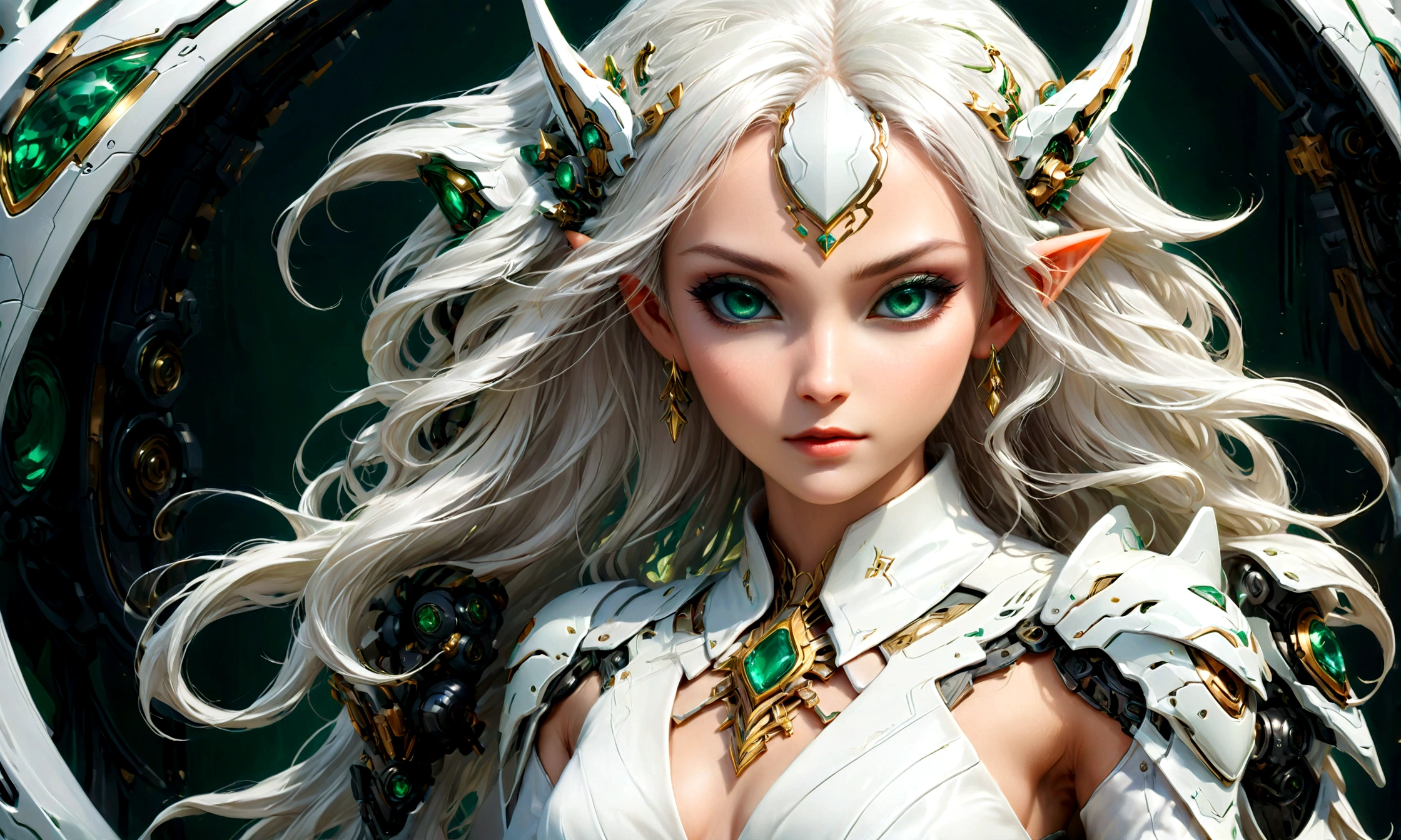 Arafed, a portrait of an elf woman, exotic beauty, long hair, dynamic color, (emerald green eyes), glamour shot, she wears an (white: 1.3) elegant suit, she has some mecha parts, 16k, ultra detailed, masterpiece, best quality, (extremely detailed), arafed, dnd art, phoenix dress