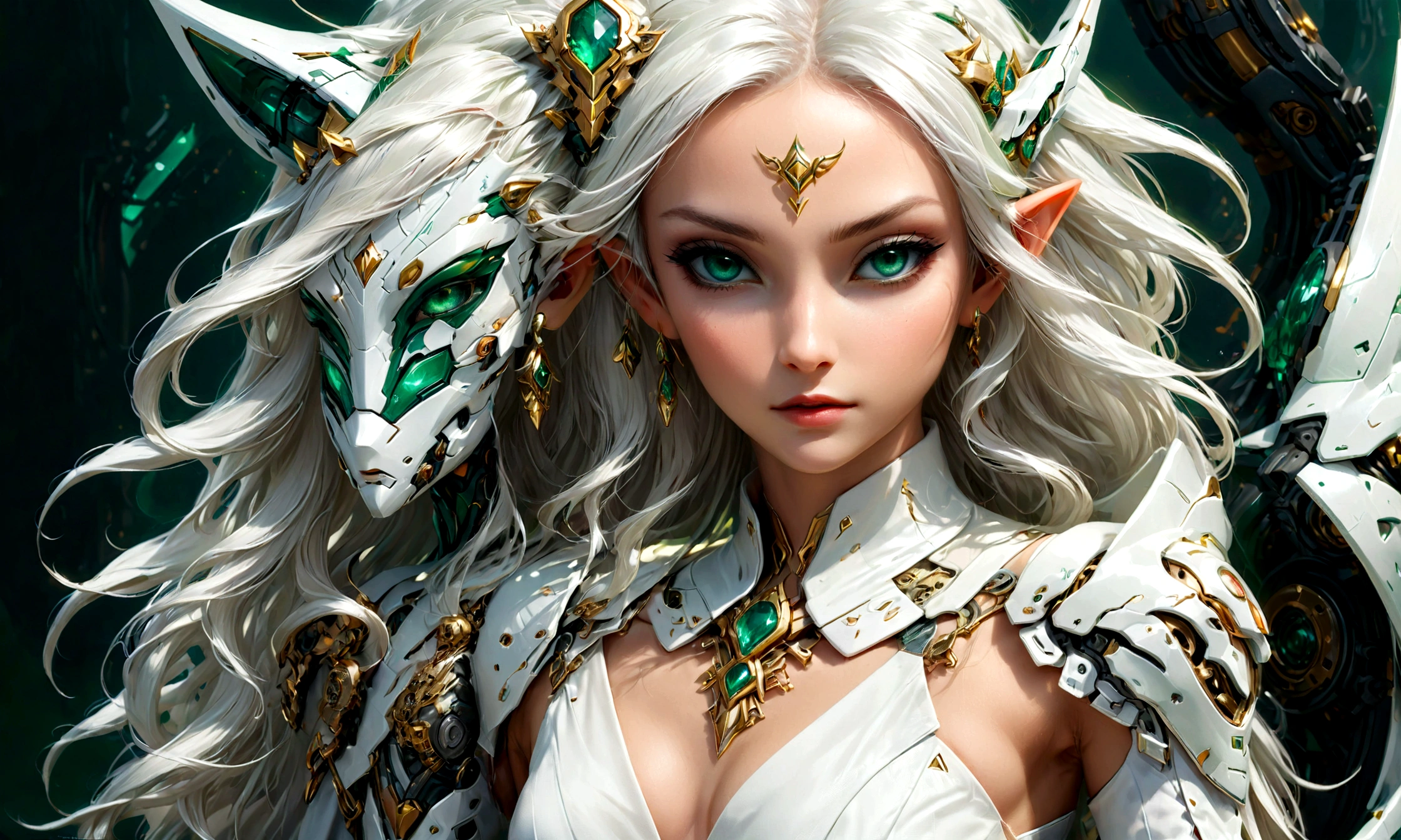 Arafed, a portrait of an elf woman, exotic beauty, long hair, dynamic color, (emerald green eyes), glamour shot, she wears an (white: 1.3) elegant suit, she has some mecha parts, 16k, ultra detailed, masterpiece, best quality, (extremely detailed), arafed, dnd art, phoenix dress