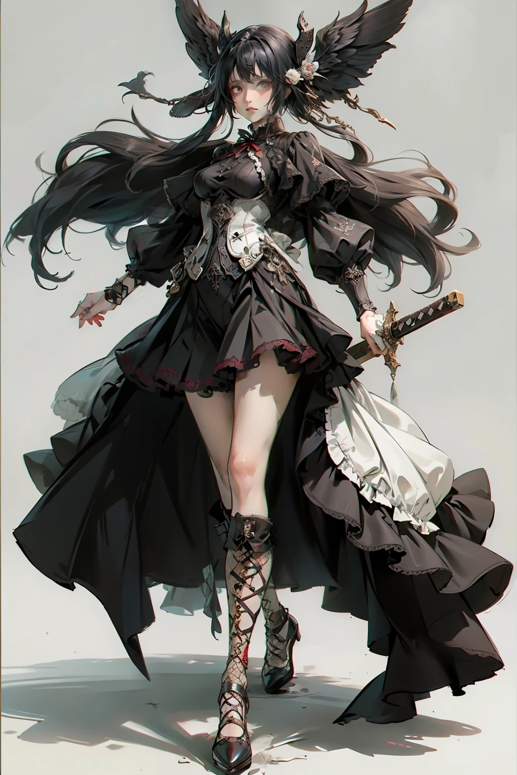 ((best quality)), ((masterpiece)), (detailed), blank white background, plain background, white background, red and white clothing, Bloodborne inspired,  occult aesthetic, occult, detailed and intricate steampunk and detailed gothic, NSFW, Very dramatic and cinematic lighting, cosmic horror, grim-dark, side-lighting, perfect face, NSFW, Fluttering lace flared long knee length dress with frilly petticoats, knee length dress, pleated petticoats, lolita dress, petticoats gothic lolita, complex lace boots, side-lighting, gothic lolita aesthetic, wielding a mighty sword, NSFW, beautiful small breasts, small breasts, full body, whole body, body, plain background, white background, blank background, no background, white background NSFW, full body, whole body, head-to-toe NSFW